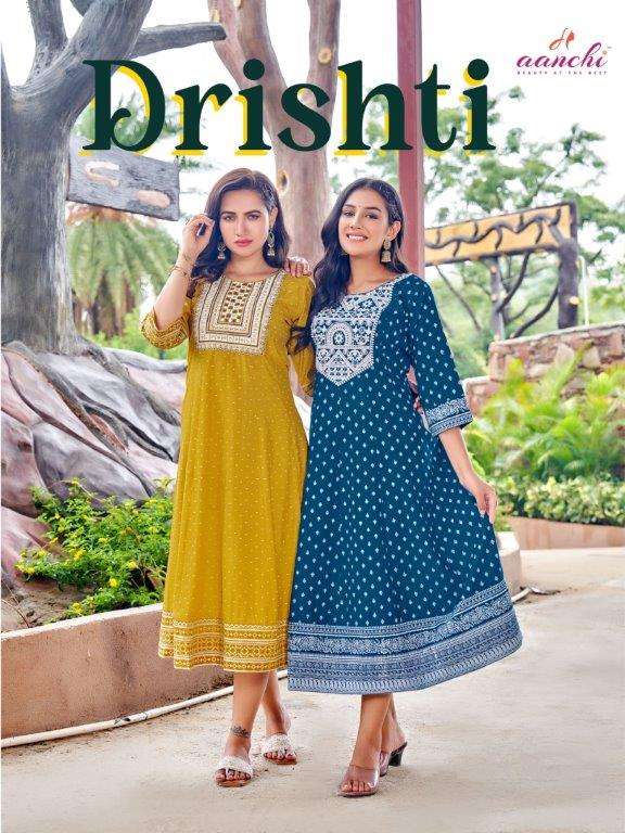 DRISHTI BY AANCHI 1001 TO 1004 SERIES FANCY ROMAN SILK PRINTED KURTIS