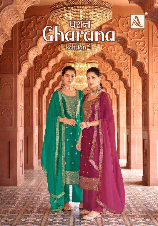 GHARANA VOL-04 BY ALOK SUIT 1528-001 TO 1528-006 DESIGNER DOLA JACQUARD PRINT DRESSES