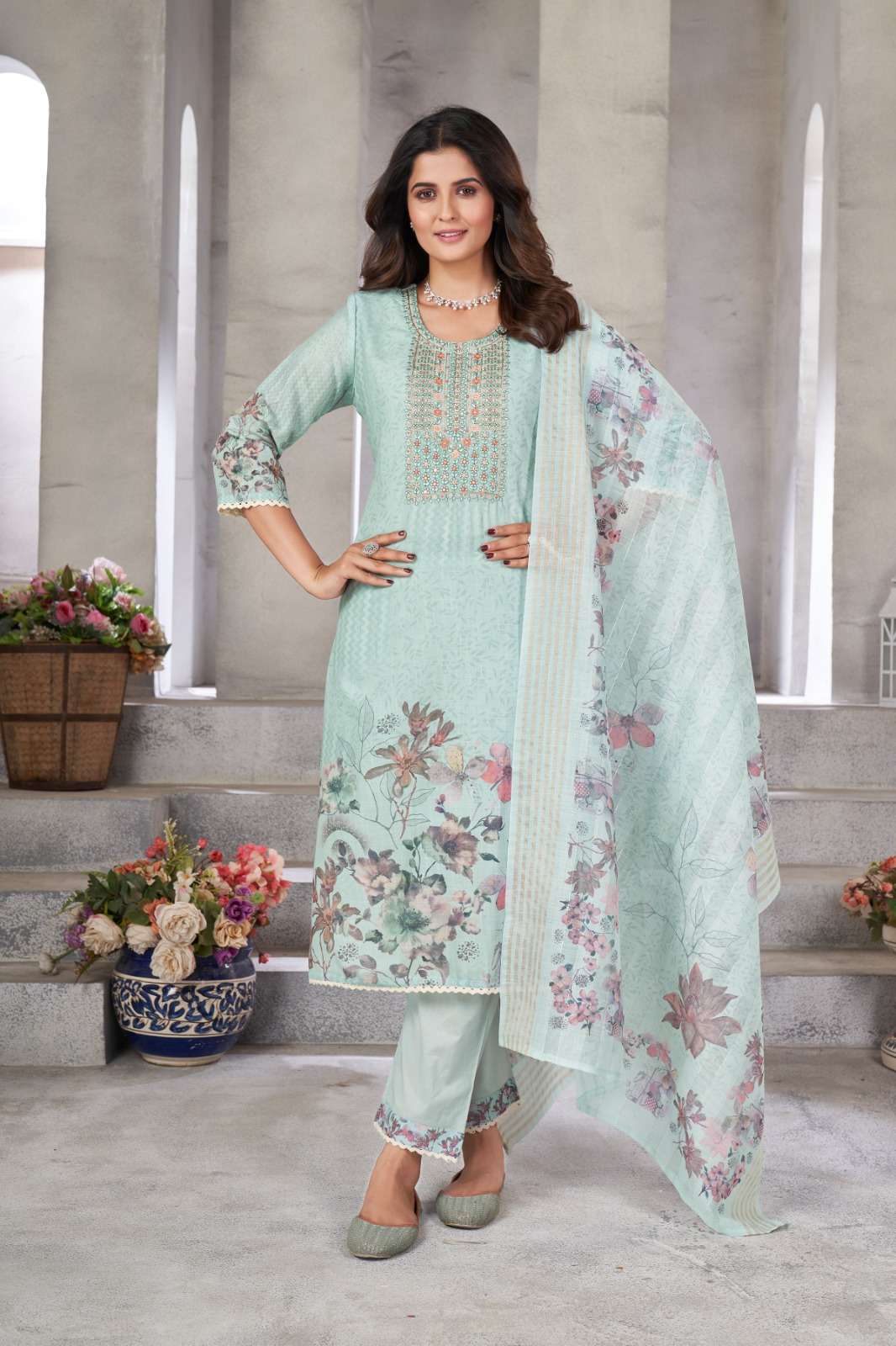 K-9030 COLOUR BY ASLIWHOLESALE DESIGNER FANCY COTTON LINEN DRESS