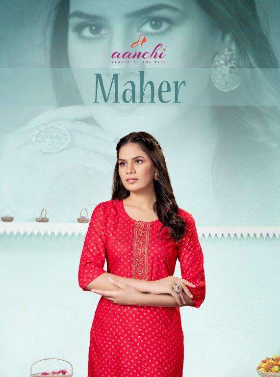 MAHER BY AANCHI 1001 TO 1006 SERIES RAYON FANCY EMBROIDERY KURTIS