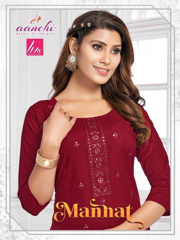 MANNAT BY AANCHI 1001 TO 1006 SERIES FANCY FABRIC RAYON PRINT KURTIS