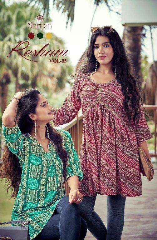 RESHAM VOL-05 BY ASLIWHOLESALE 1001 TO 1006 SERIES RAYON PRINT TOPS