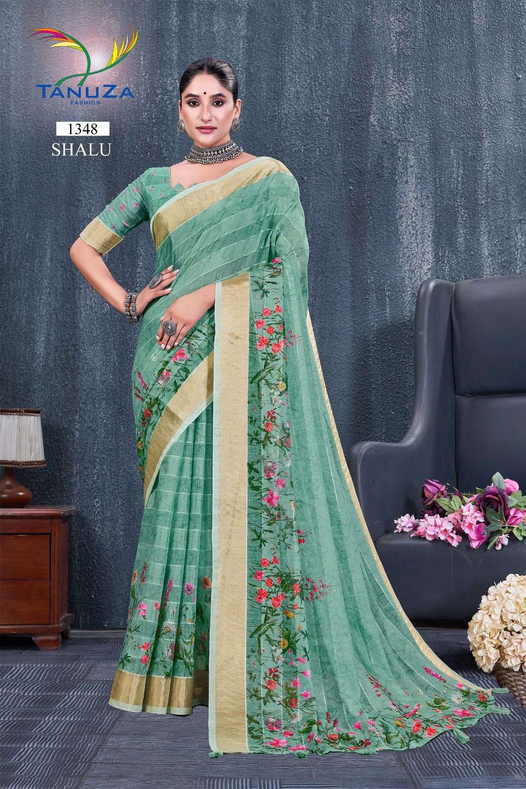 TANUZA SHALU BY ASLIWHOLESALE DESIGNER SOFT FANCY LINEN PRINTED SAREES