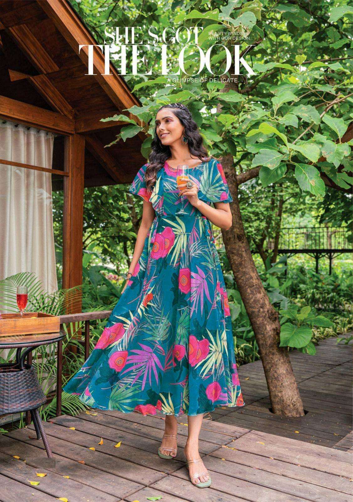 TROPICAL BY ASLIWHOLESALE DESIGNER FACNY GEORGETTE CREPE PRINT KURTIS 