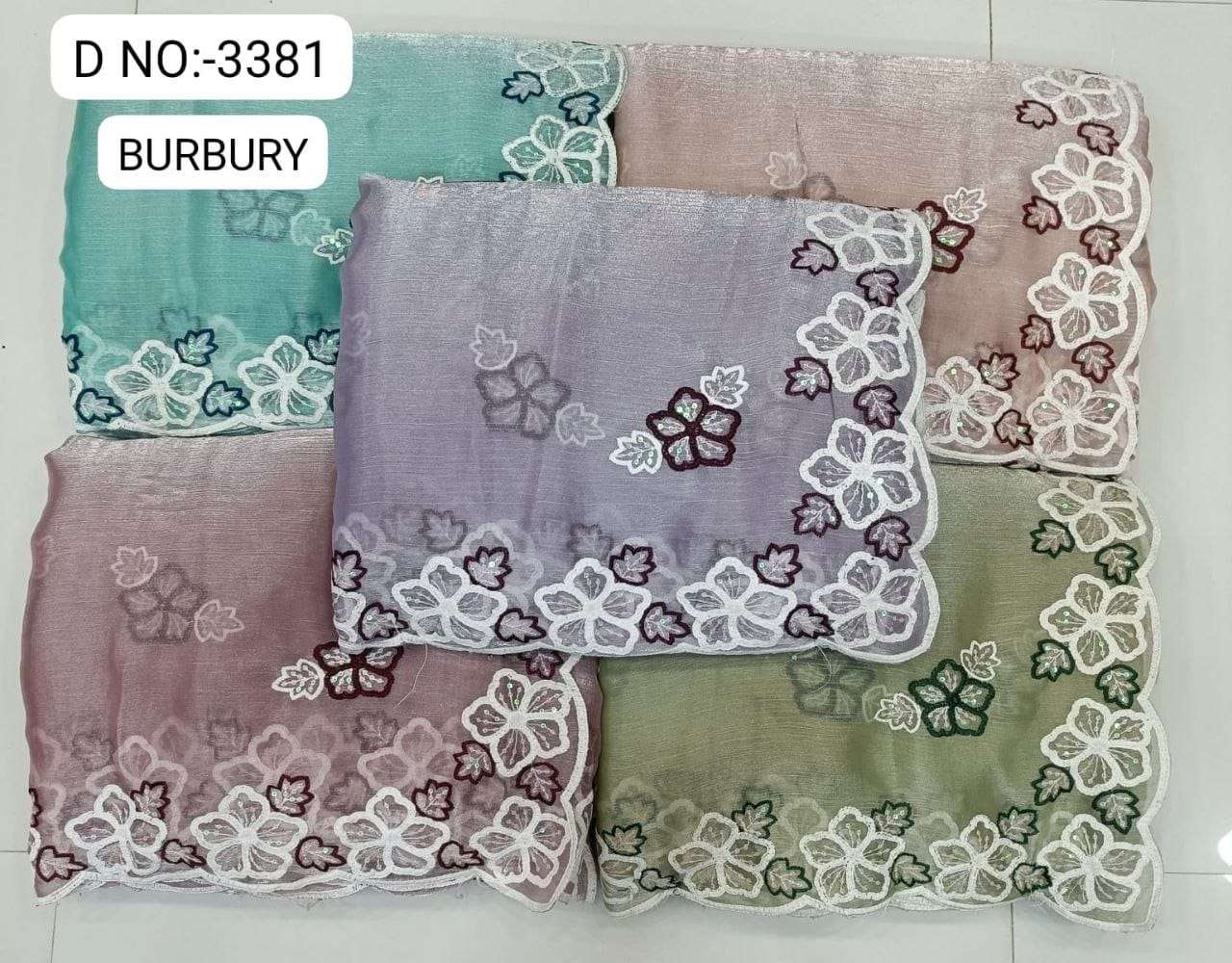 3381 COLOUR BY ASLIWHOLESALE DESIGNER PURE FANCY BURBURY EMBROIDERY SAREES