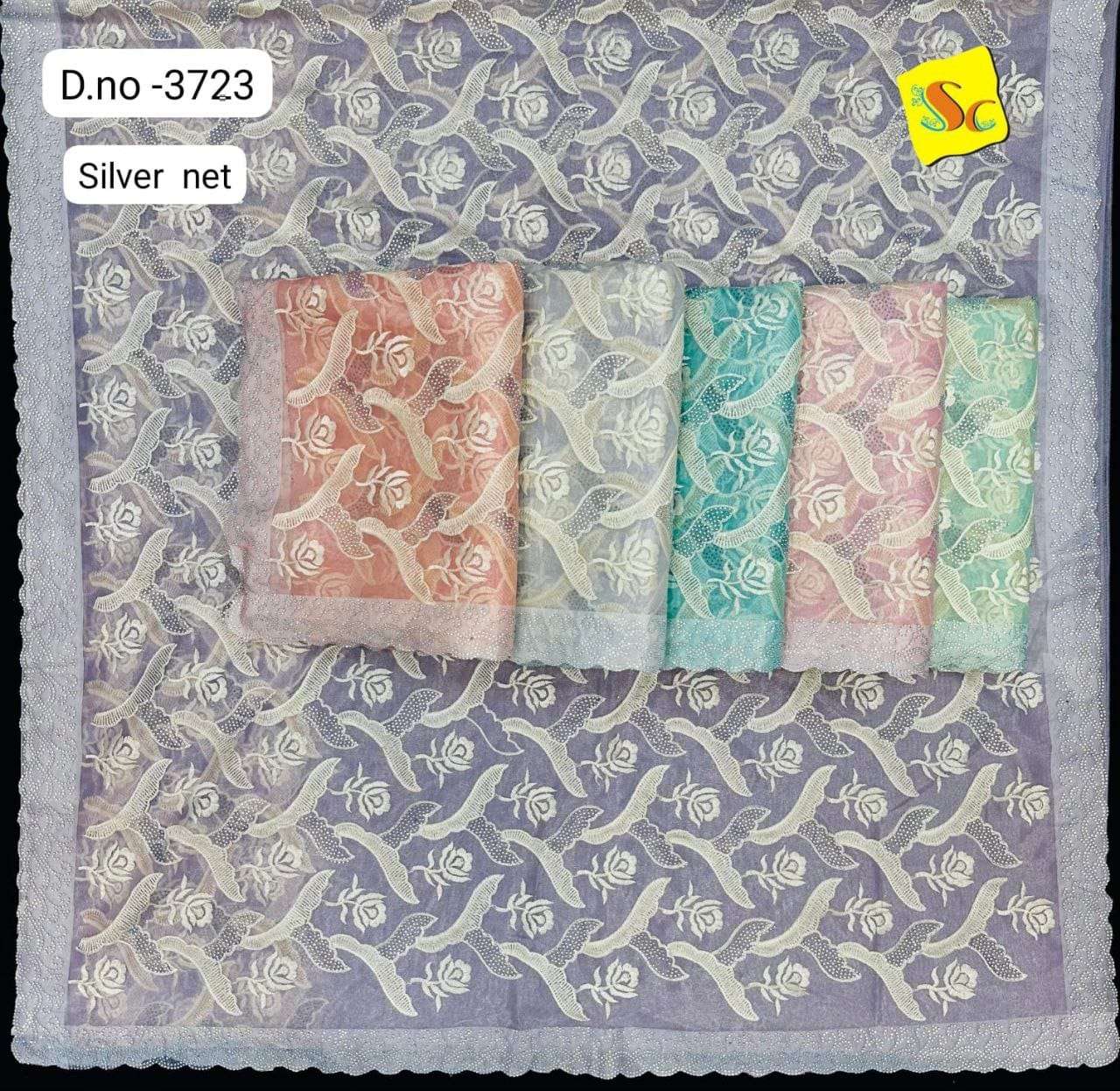 3723 COLOUR BY ASLIWHOLESALE DESIGNER PURE FANCY NET EMBROIDERY SAREES