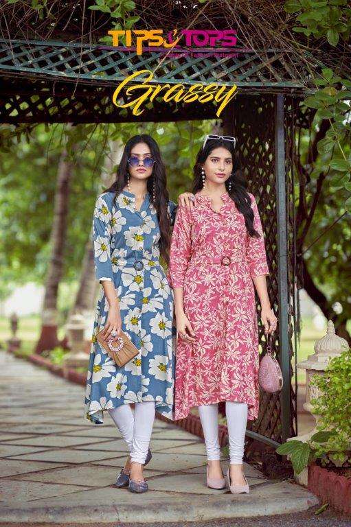 GRASSY VOL-01 BY TIPS & TOPS 101 TO 106 SERIES RAYON FANCY PRINTED KURTIS