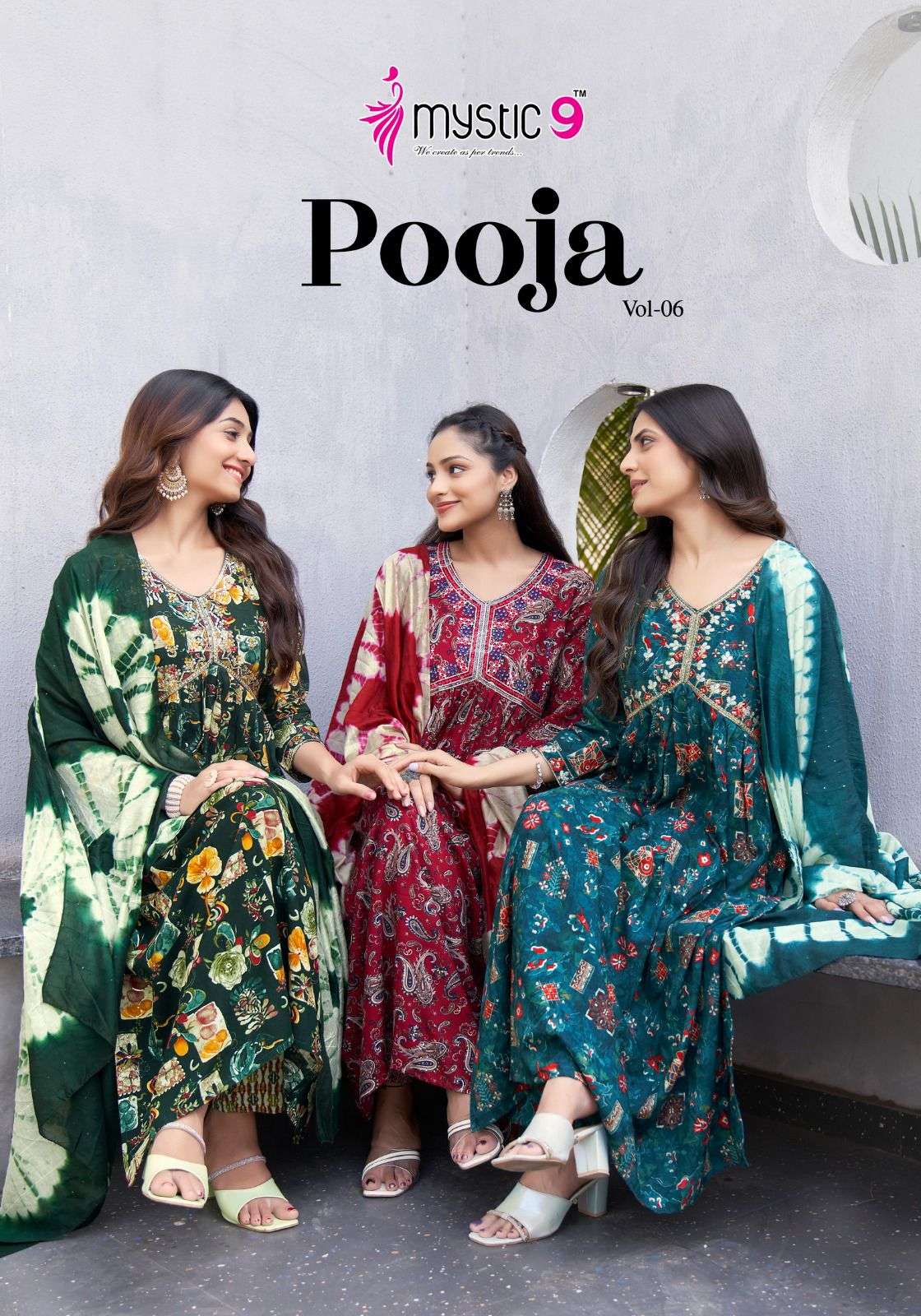 POOJA VOL-06 BY MYSTIC 9 6001 TO 6008 SERIES FANCY FOIL EMBROIDERY DRESSES 