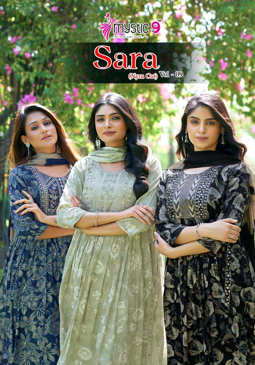 SARA VOL-09 BY MYSTIC 9 9001 TO 9008 SERIES RAYON CAPSULE FOIL PRINT DRESSES