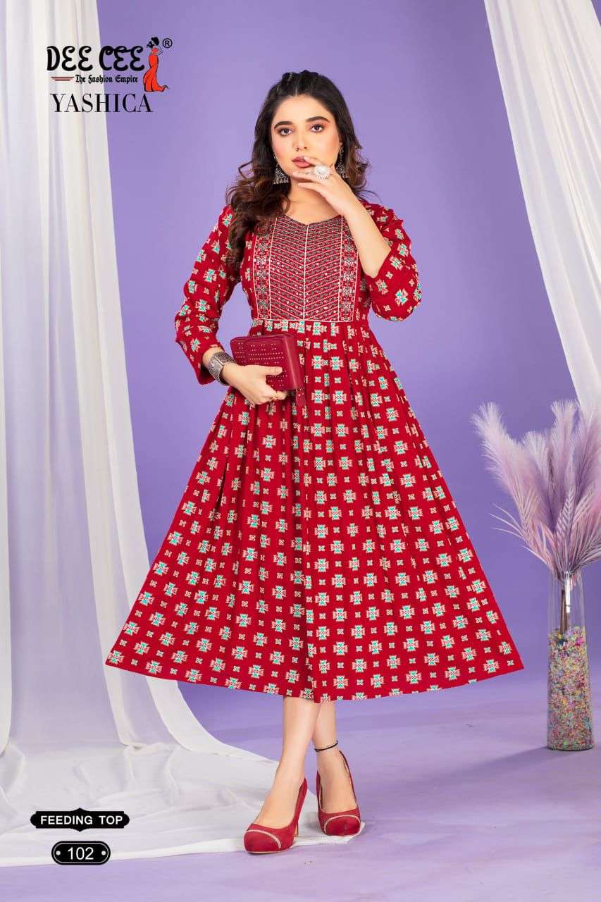 YASHICA BY DEE CEE 1001 TO 1006 SERIES DESIGNER FANCY RAYON PRINT KURTIS