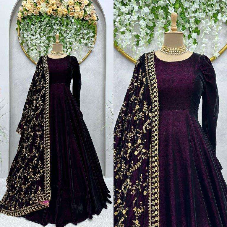 KD-1383 BY ASLIWHOLESALE DESIGNER SOFT VELVET EMBROIDERY DRESSES