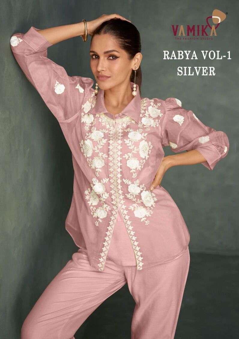 RABYA VOL-01 SILVER BY VAMIKA 3101-A TO 3101-E SERIES ORGANZA RAYON STITCHED CO-ORD SET