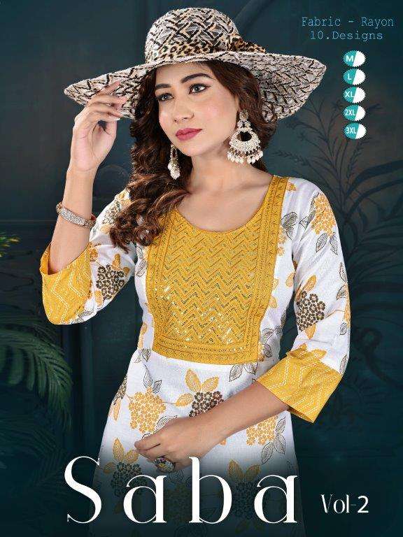 SABA VOL-02 BY ASLIWHOLESALE DESIGNER FACNY RAYON PRINT KURTIS