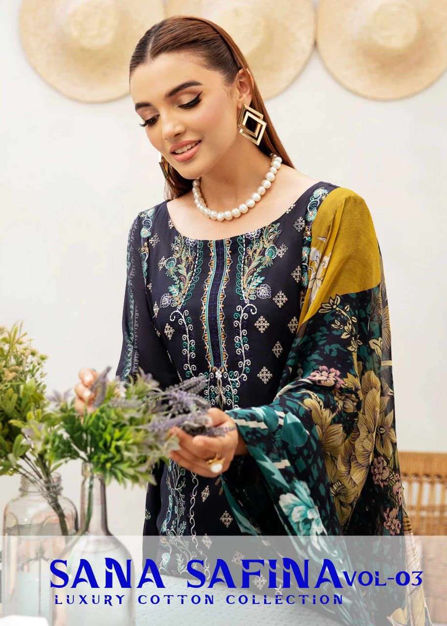 SANA SAFINA VOL-03 BY ASLIWHOLESALE 301 TO 306 SERIES COTTON PAKISTANI DRESSES