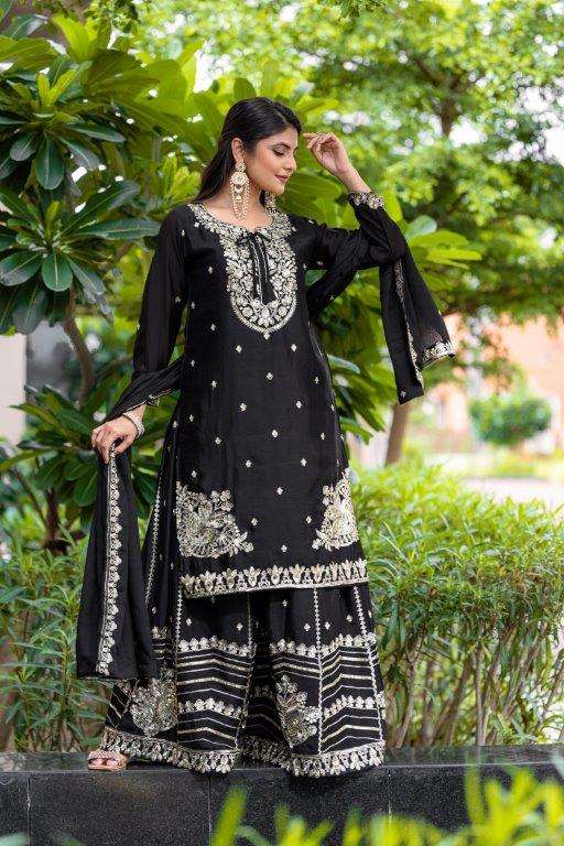 SRK-5169 BY ASLIWHOLESALE DESIGNER FACNY CHINON SILK EMBROIDERY DRESSES