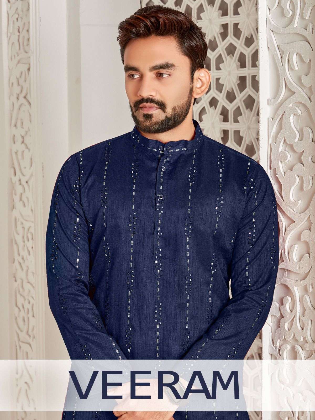 VEERAM BY ASLIWHOLESALE SOFT RAW SILK MENS SEQUENCE WORK KURTAS