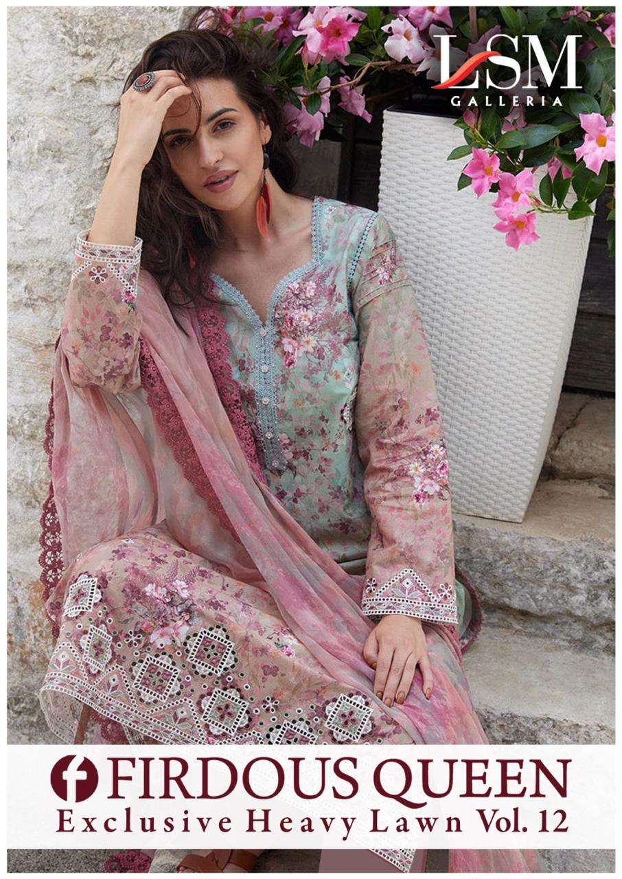 FIRDOUS QUEEN VOL-12 BY LSM GALLERIA 121 TO 126 SERIES PURE LAWN PRINT PAKISTANI DRESSES