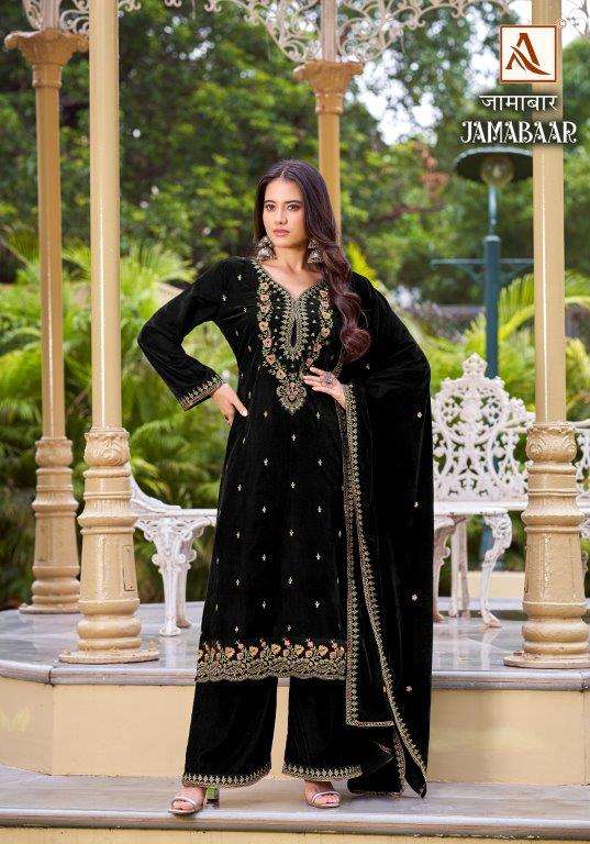 JAMABAAR BY ALOK SUIT 1617-001 TO 1617-004 SERIES VELVET DESIGNER PRINTED DRESSES