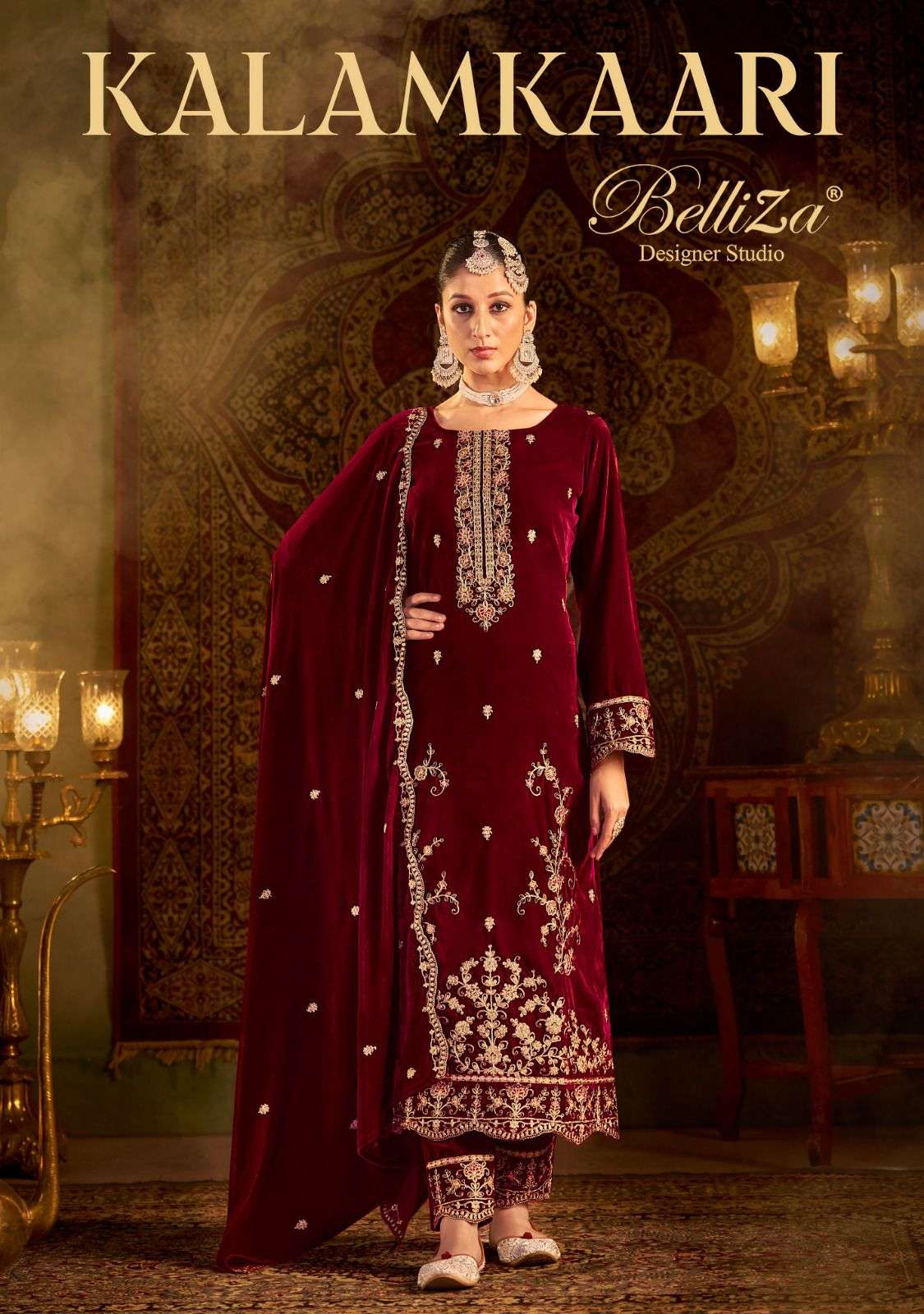 KALAMKAARI BY BELLIZA 980-001 TO 980-004 SERIES PURE VELVET PRINT DRESSES