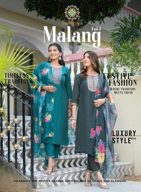 MALANG VOL-01 BY PASSION TREE 1001 TO 1008 SERIES SHIMMER SILK PRINT DRESSES