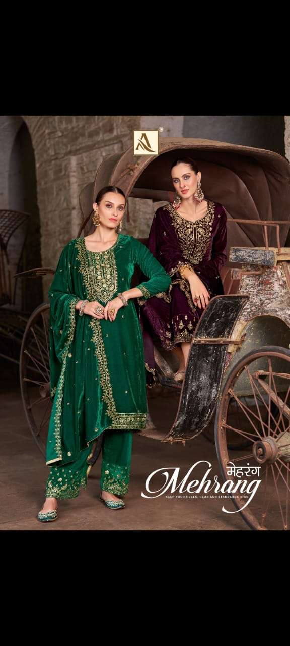 MEHRANG BY ALOK SUIT 1655-001 TO 1655-004 SERIES VELVET DESIGNER PRINTED DRESSES