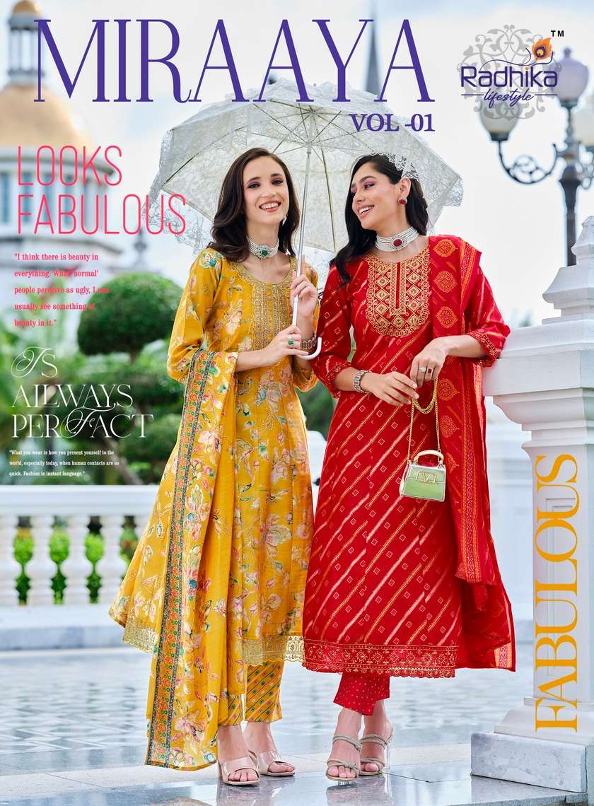 MIRAAYA VOL-1 BY RADHIKA LIFESTYLE 1001 TO 1006 SERIES FANCY STITCHED DRESSES