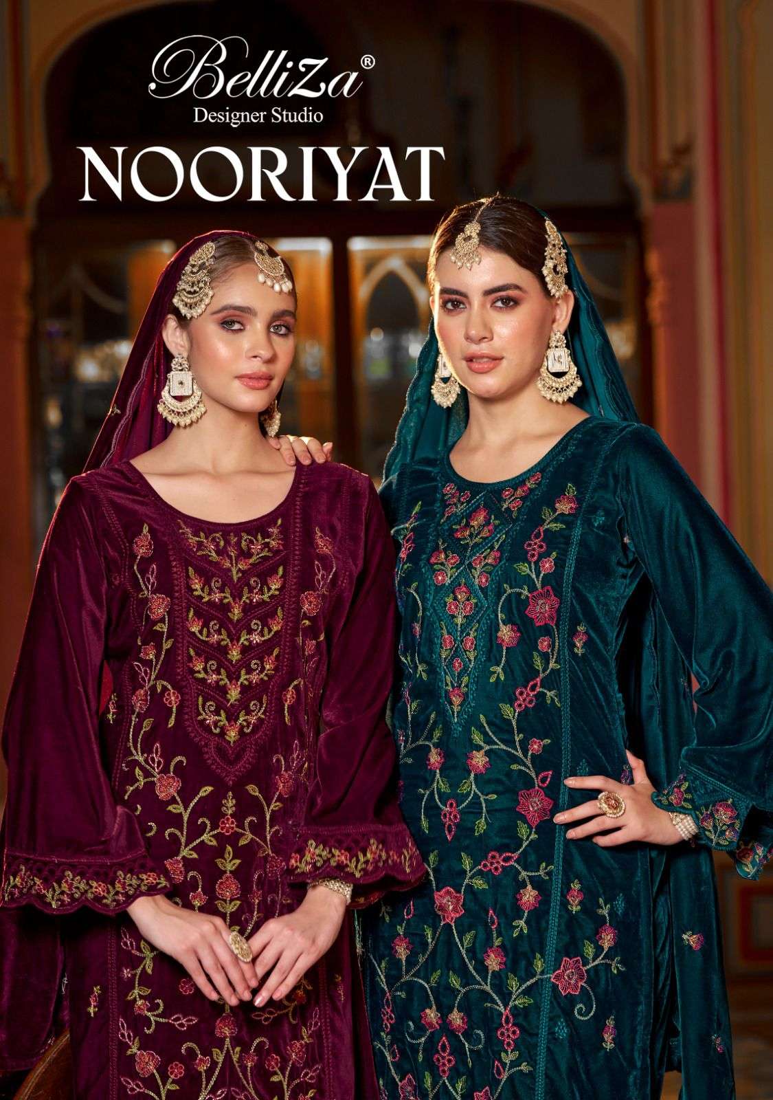 NOORIYAT BY BELLIZA 973-001 TO 973-004 SERIES PURE VELVET PRINT DRESSES