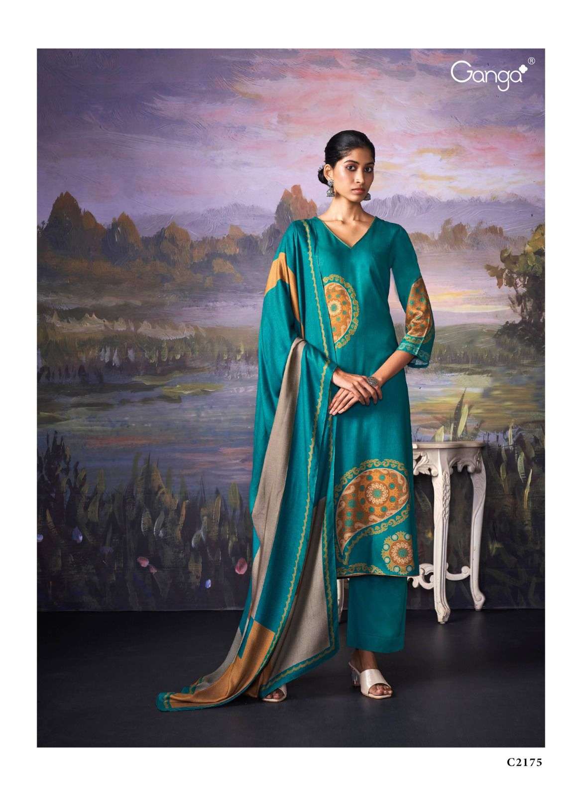 REETU BY GANGA FASHIONS C2171 TO C2176 PURE PREMIUM PASHMINA DOBBY PRINTED EMBROIDERED DRESSES