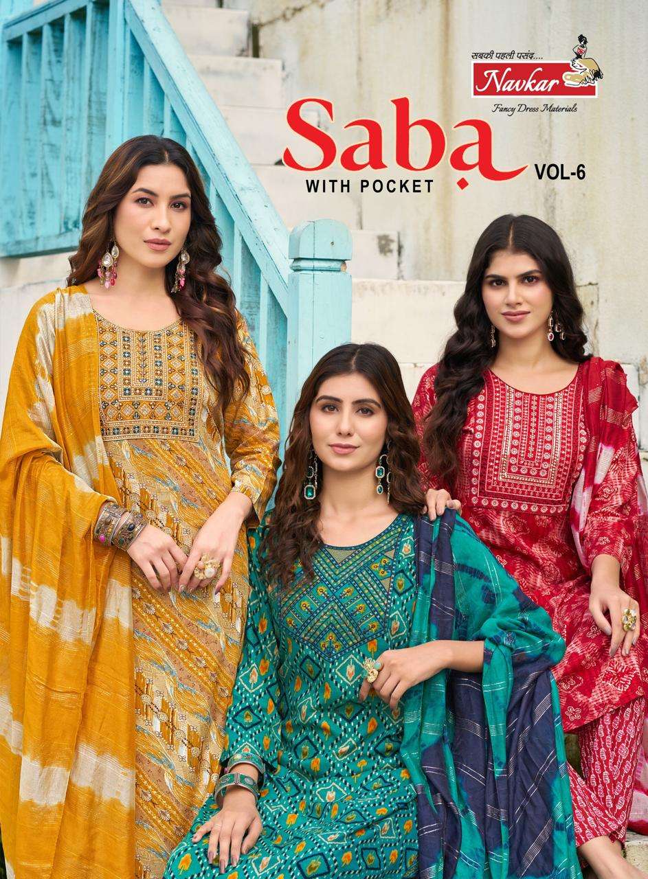 SABA VOL-06 BY NAVKAR 1001 TO 1008 SERIES RAYON EMBROIDERY STITCHED DRESSES