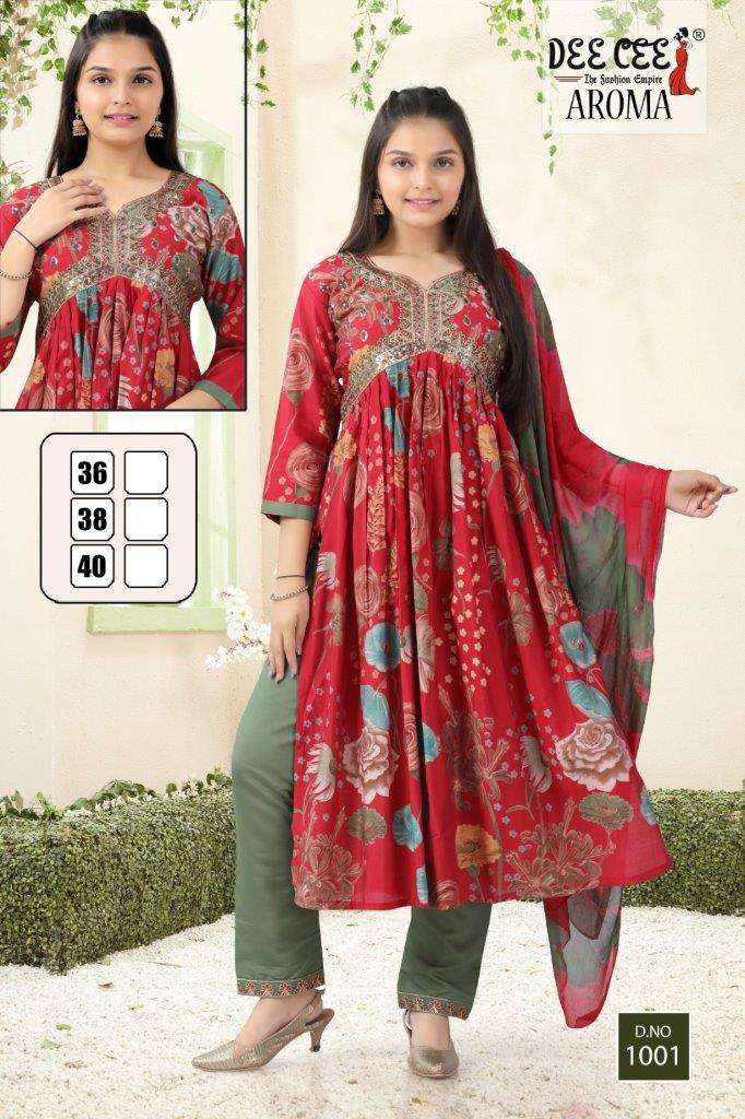 AROMA BY DEE CEE 1001 TO 1006 SERIES DESIGNER FANCY CHANDERI PRINT DRESSES