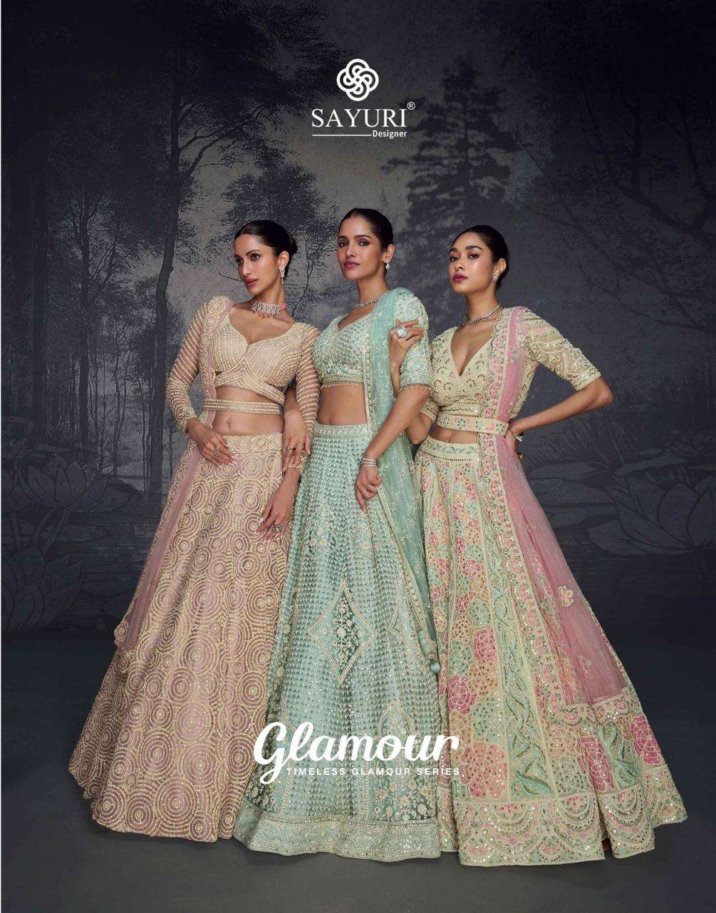 GLAMOUR BY SAYURI 5591 TO 5594 SERIES HEAVY PURE NET EMBROIDERED LEHENGAS