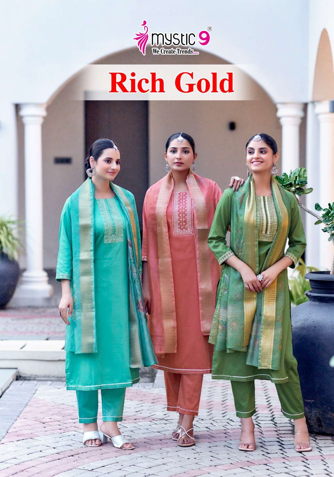 RICH GOLD VOL-03 BY MYSTIC 9 1001 TO 1008 SERIES COTTON SATIN PRINT DRESSES