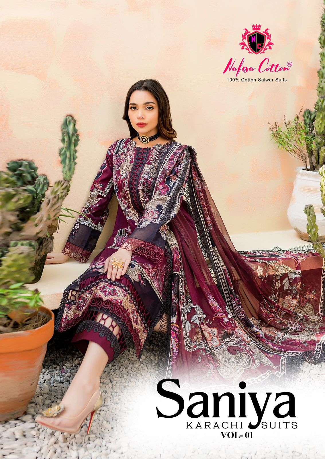 SANIYA KARACHI SUITS VOL-01 BY NAFISA COTTON 1001 TO 1006 SERIES COTTON DRESSES