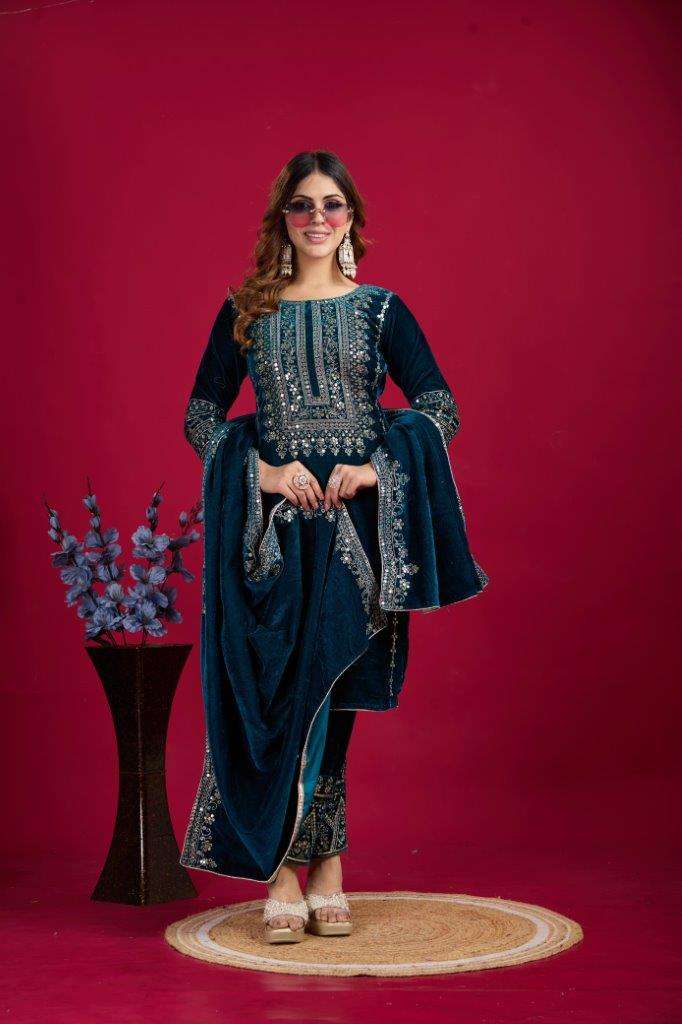 SRK-5017 BY ASLIWHOLESALE DESIGNER FACNY VISCOSE VELVET EMBROIDERY DRESSES