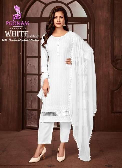 WHITE VOL-02 BY POONAM DESIGNER 1001 TO 1008 SERIES RAYON STITCHED DRESSES