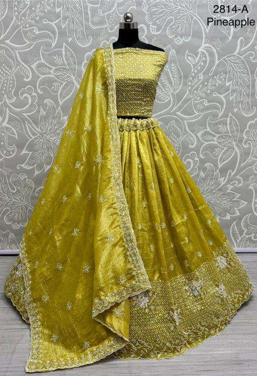 2814 HIT COLOUR BY ASLIWHOLESALE DESIGNER GOLD CRUSH EMBROIDERY LEHENGHAS