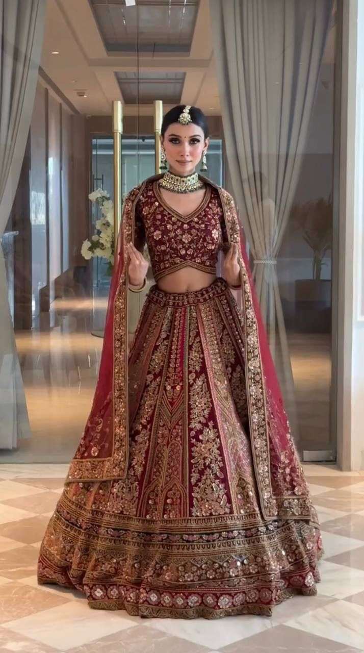 DJ-141 HIT DESIGN BY ASLIWHOLESALE DESIGNER VELVET HEAVY WORK BRIDAL LEHENGAS