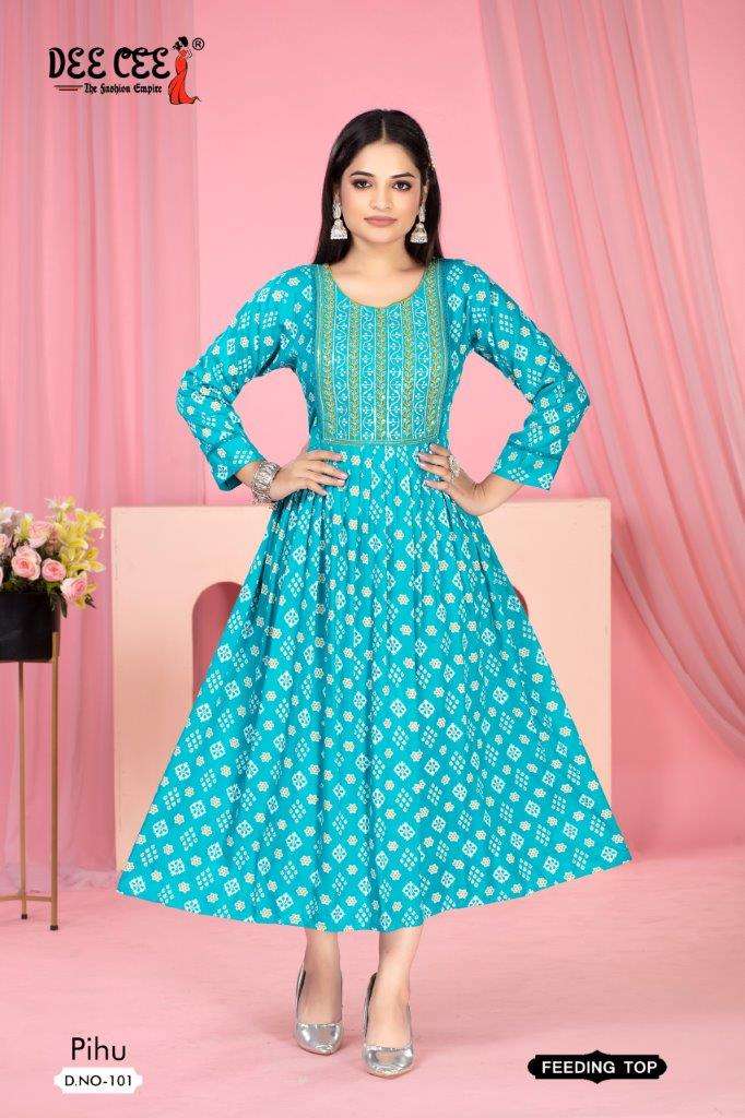 PIHU BY DEE CEE 1001 TO 1006 SERIES DESIGNER FANCY RAYON PRINT KURTIS