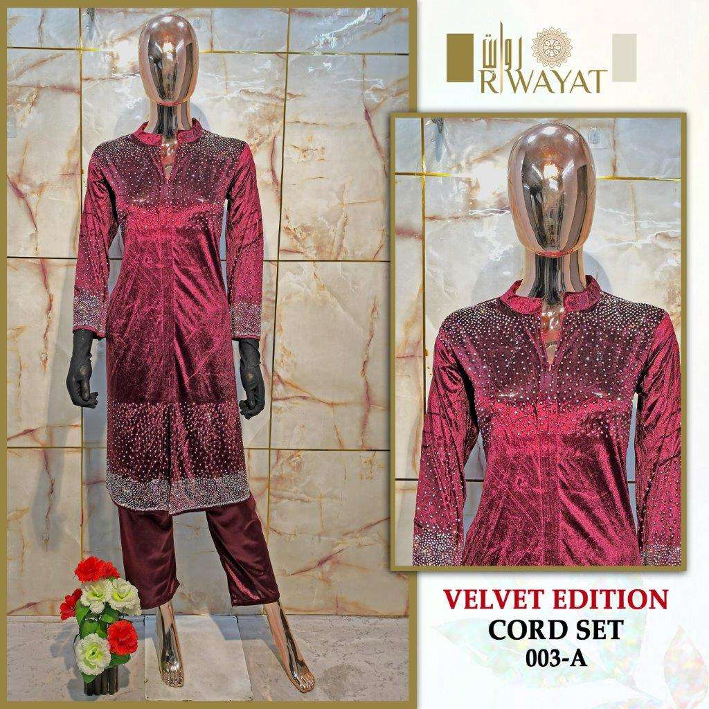 RW-003 COLOURS BY RIWAYAT DESIGNER PURE VELVET PAKISTANI CO-ORD SETS