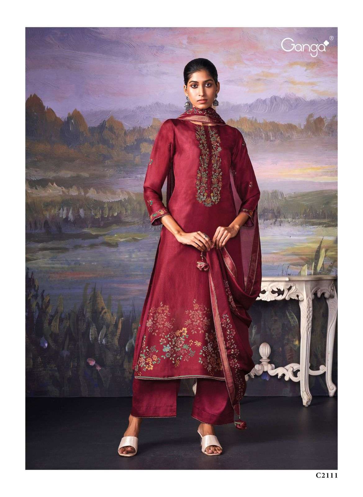 SERENITY BY GANGA FASHION C2111 TO C2116 PURE BEMBEGR RUSSIAN SILK PRIENTD WITH HAND WORK DRESS