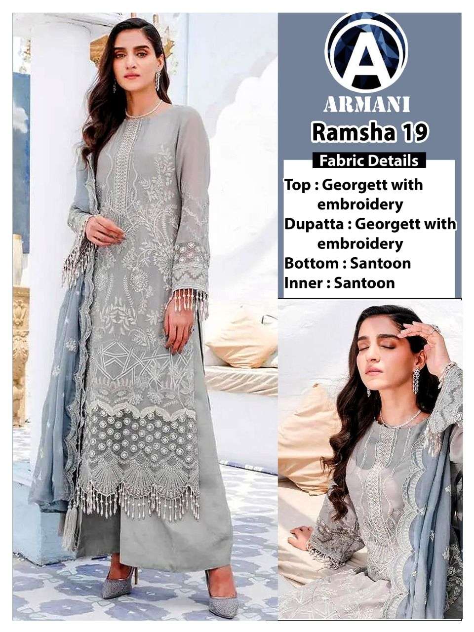 RAMSHA 19 BY ARMANI DESIGNER FAUX GEORGETTE EMBROIDERED PAKISTANI DRESS