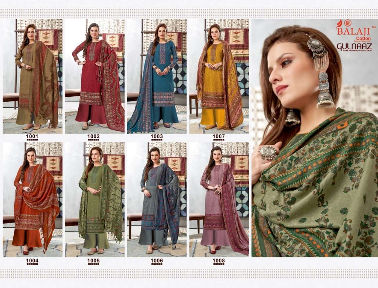 GULNAAZ BY BALAJI COTTON 1001 TO 1008 SERIES PASHMINA EMBROIDERY DRESSES