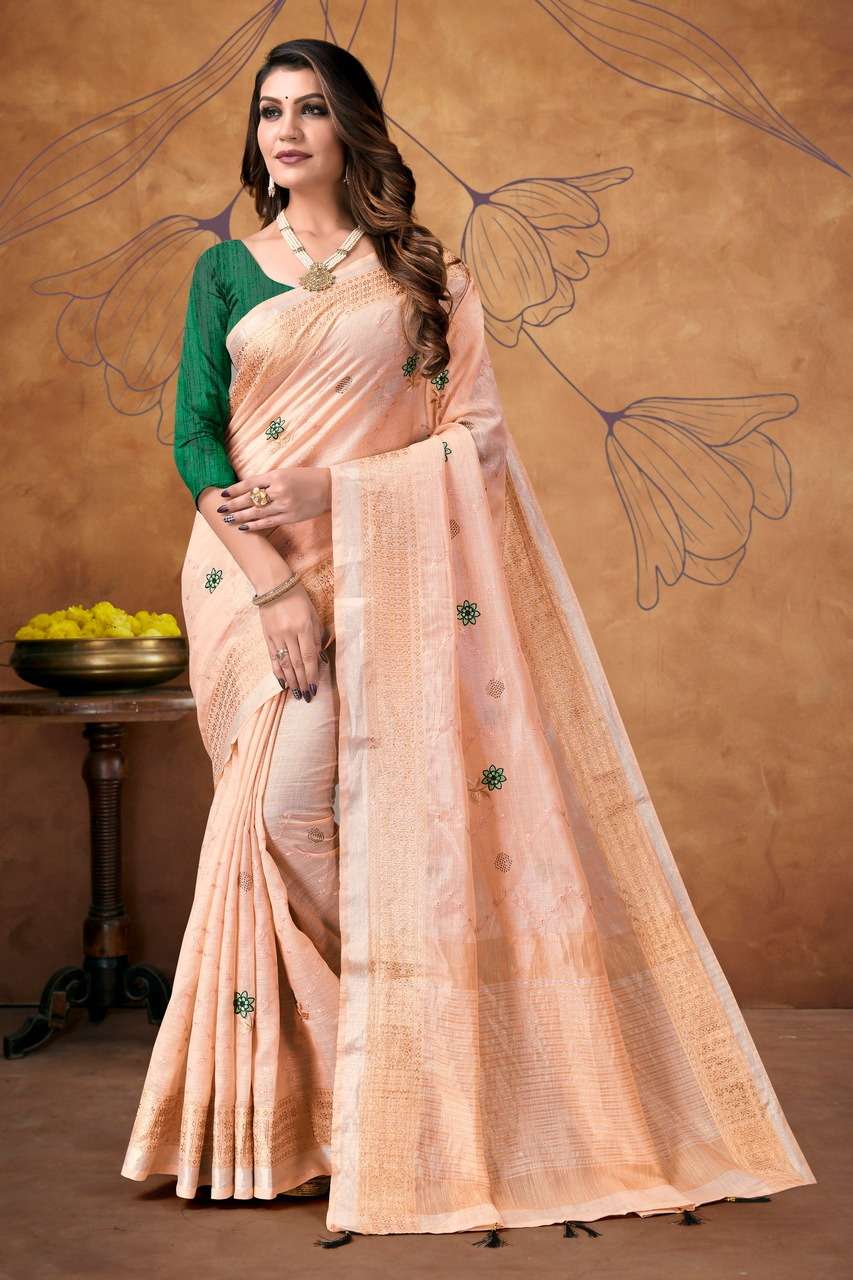 Buy online Pure Linen Zari woven saree with Contrast Border & Pallu -  Pink-AF1086