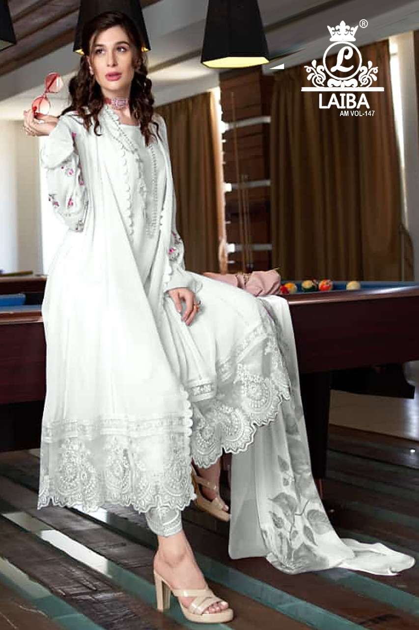 AM VOL-147 WHITE BY LAIBA PURE GEORGETTE EMBROIDERY PAKISTANI DRESS