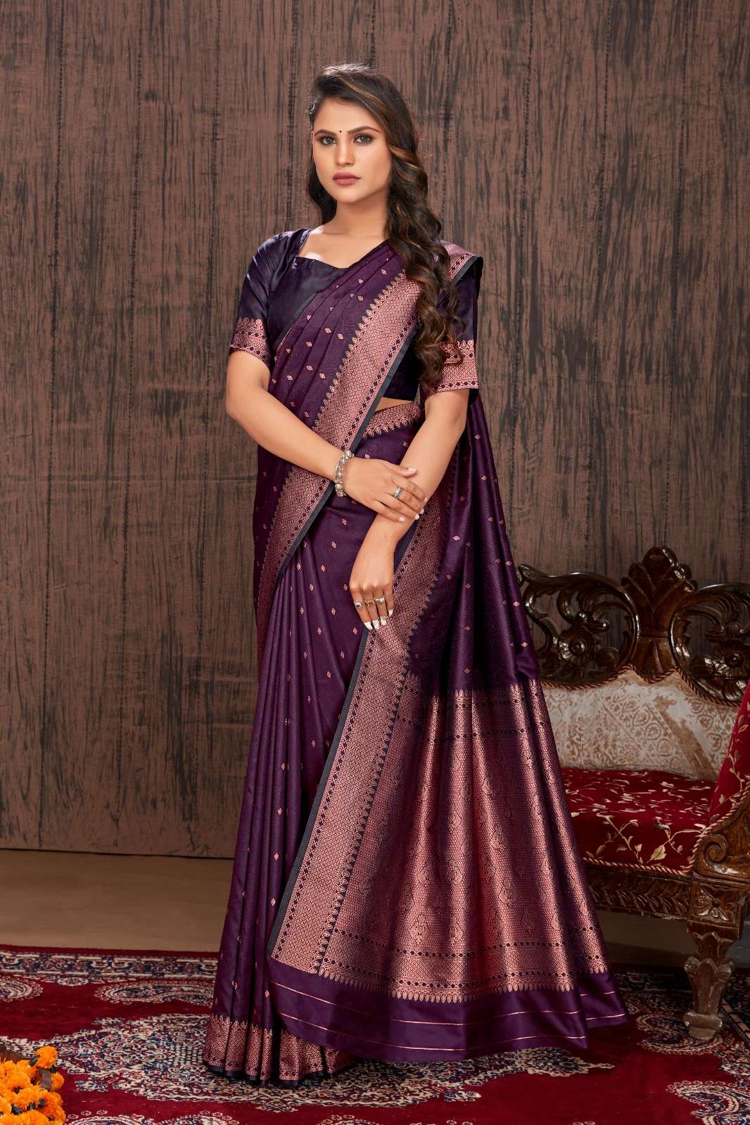 Sparkling Purple Woven Banarasi Satin Silk Saree – Zari Banaras