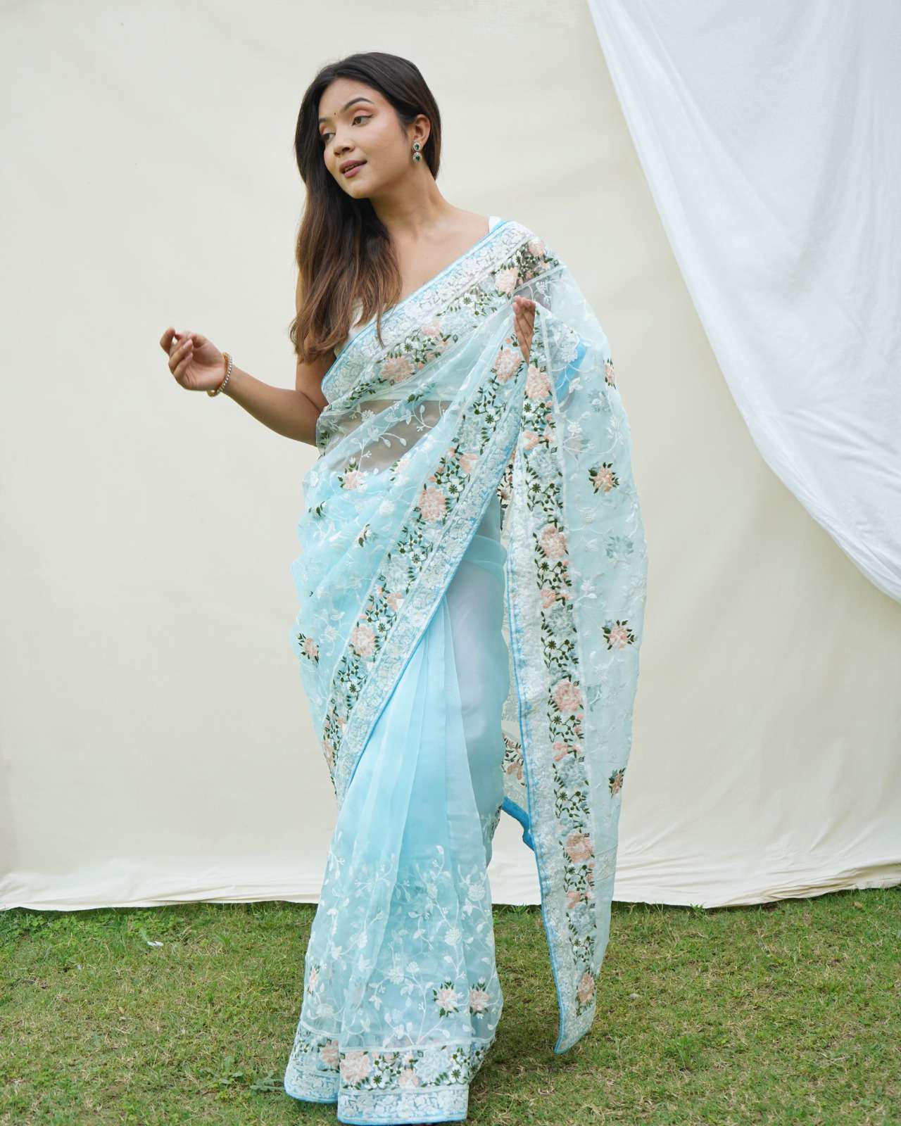 Multi-shaded Designer Organza Silk Saree With Embroidery | Koselly