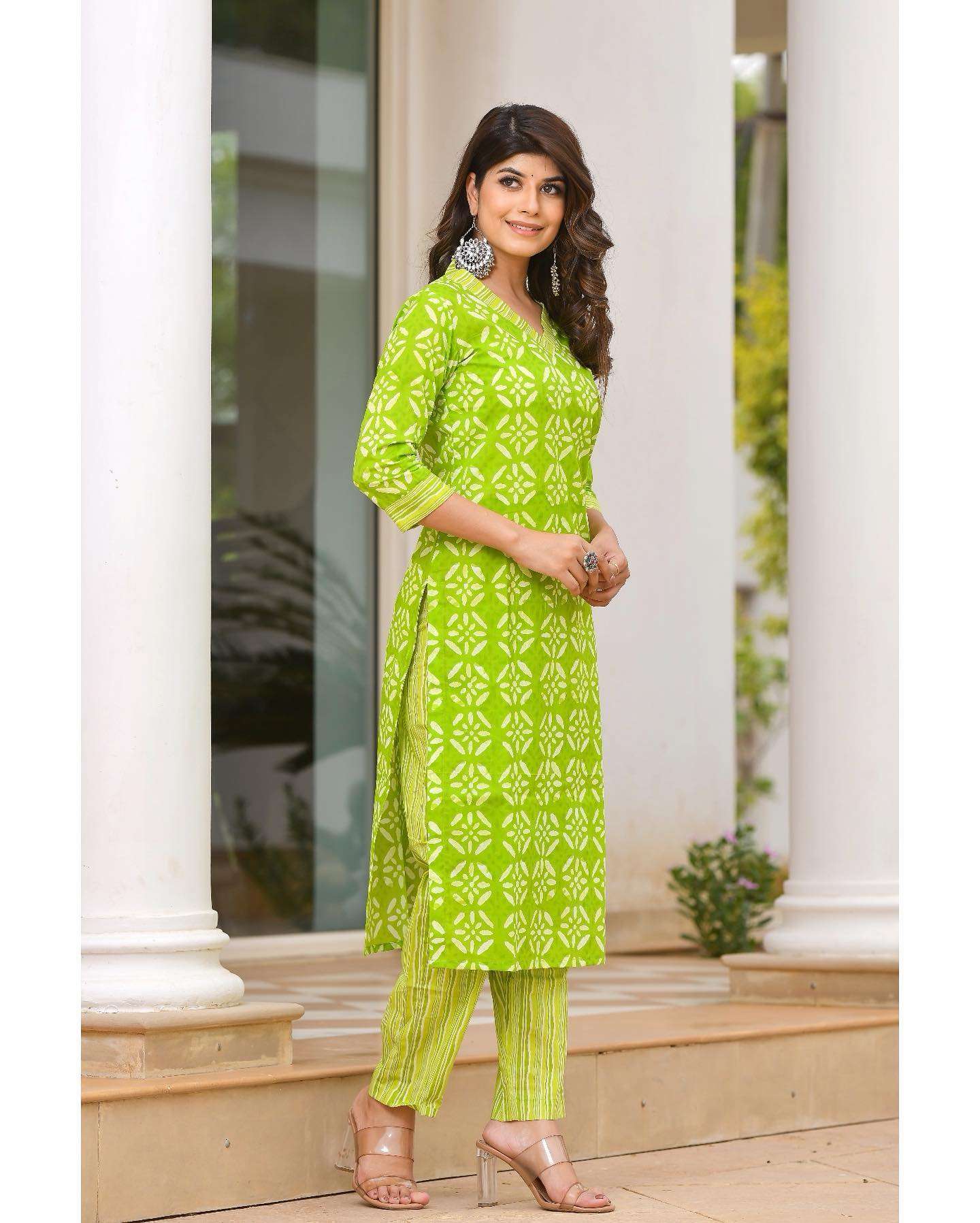 YELLOW COTTON KURTI WITH LACE PATCHES AND LYCRA PANTS