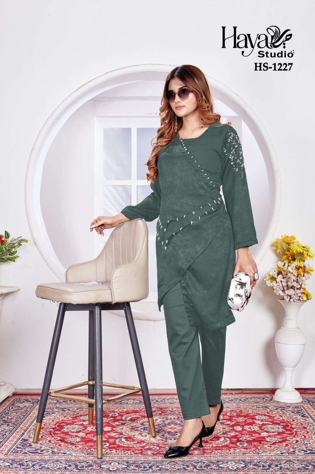 HS-1227 BY HAYA STUDIO DESIGNER VELVET SATIN EMBROIDERY STITCHED CO-ORD SET