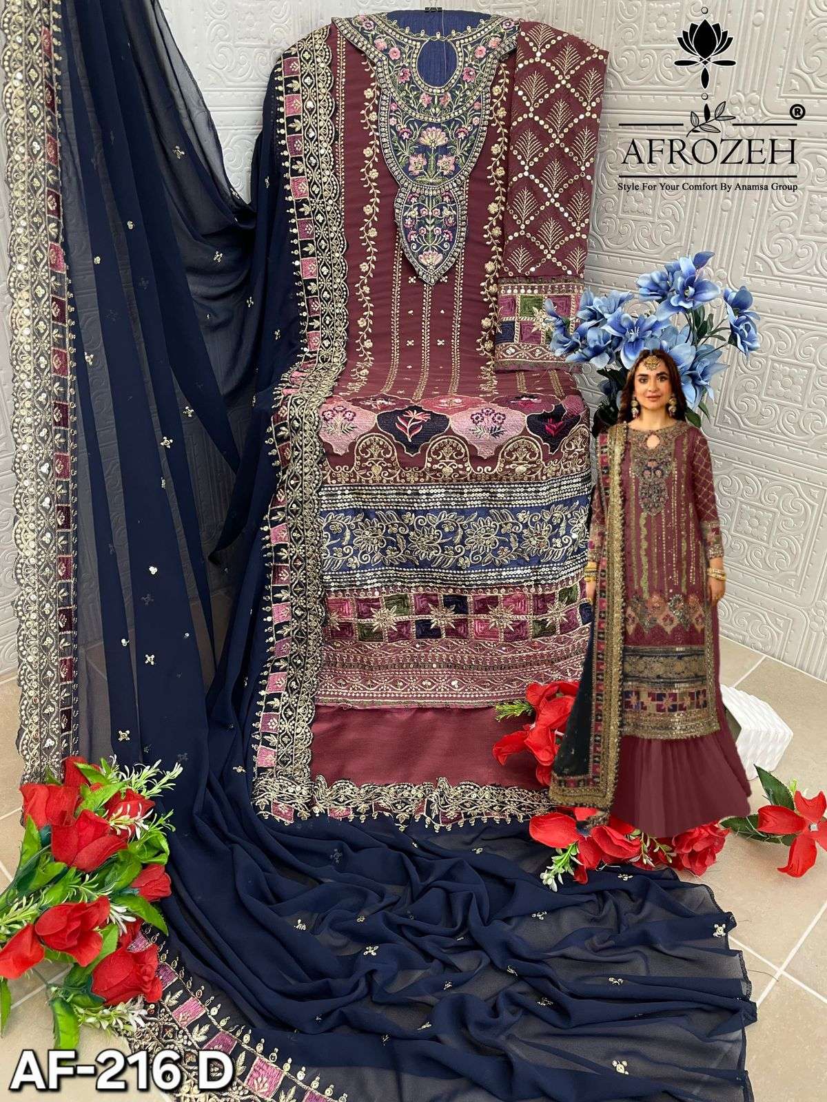 AFROZEH-216 NX BY ASLIWHOLESALE EMBROIDERED GEORGETTE PAKISTANI DRESSES