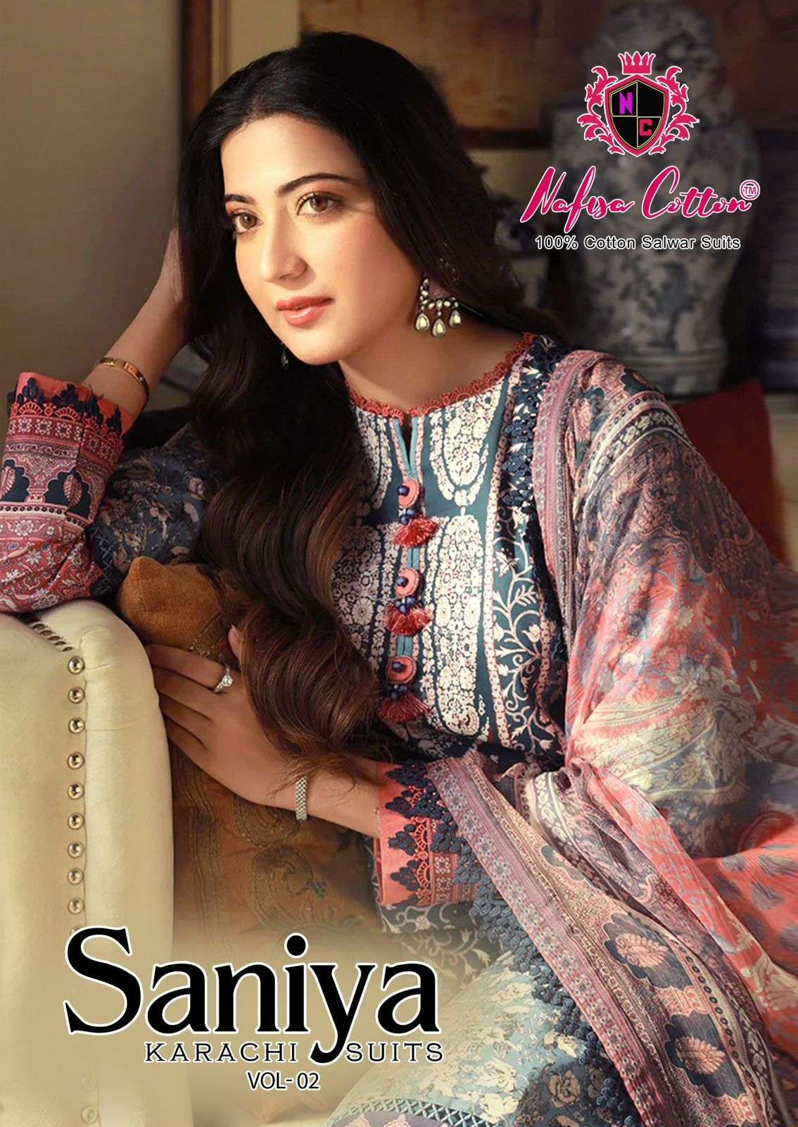 SANIYA KARACHI SUITS VOL-02 BY NAFISA COTTON 1001 TO 1006 SERIES COTTON DRESSES